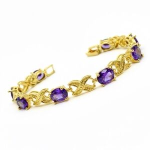 Vintage Gold Tone Purple Amethyst Style Faceted Stone Link Bracelet